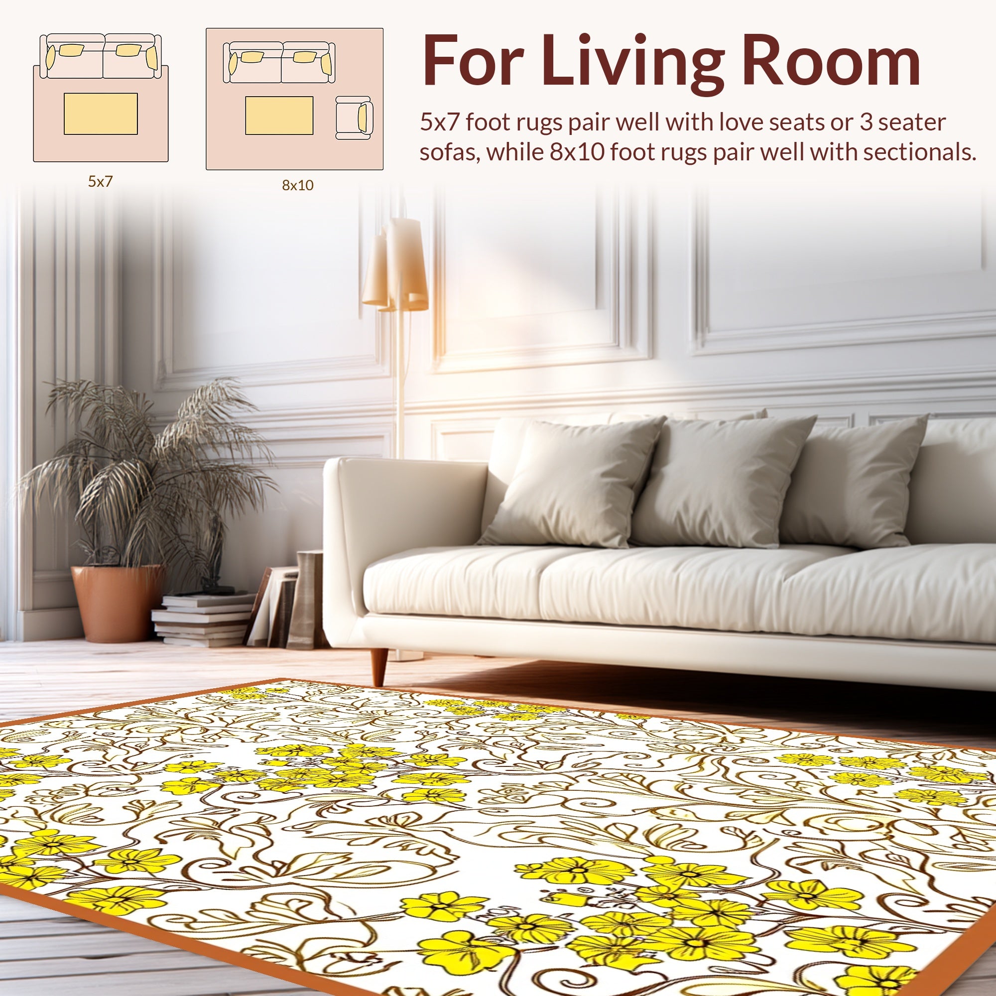 Yellow Floral Swirl Pattern Rug