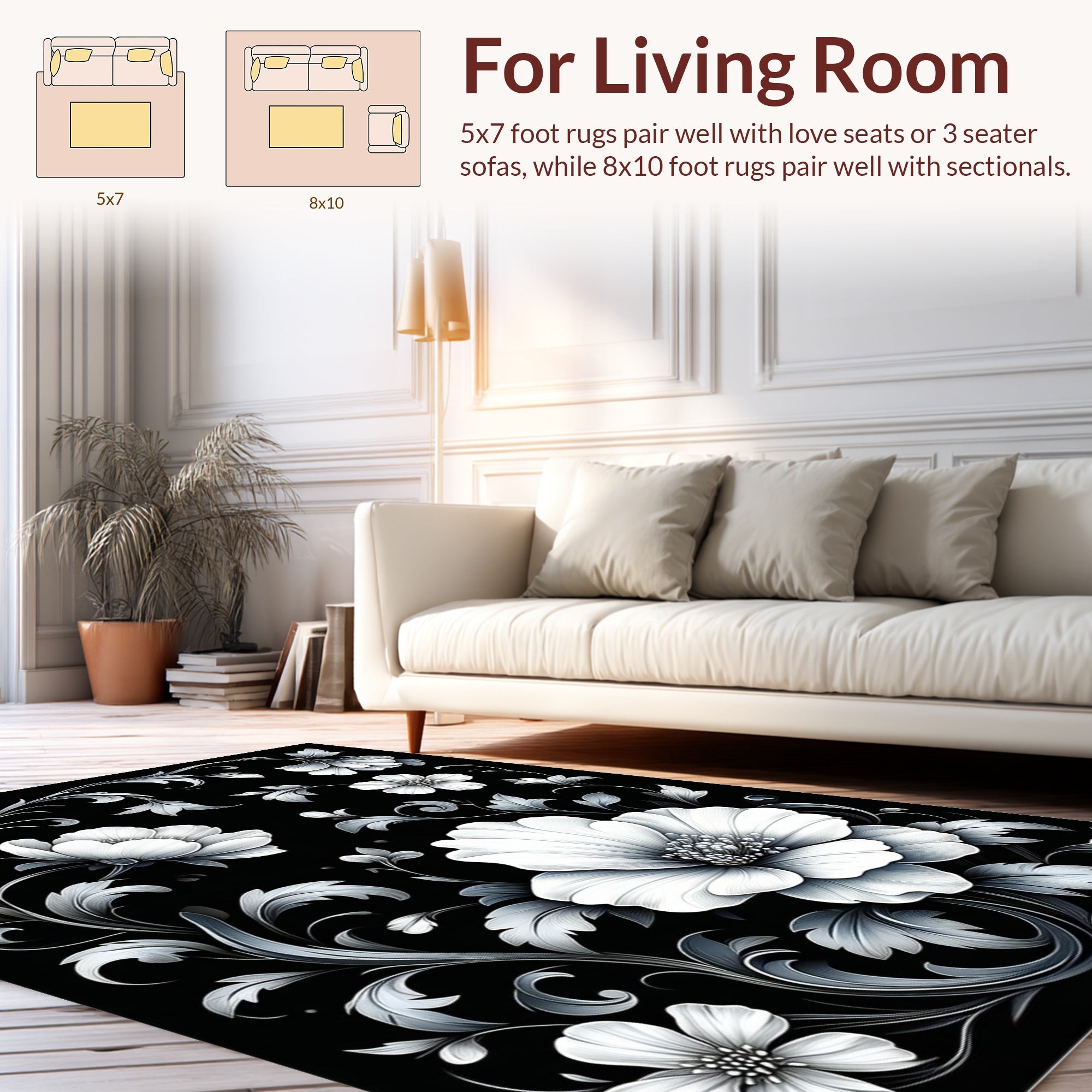 Ornate Black White Floral Scroll Rug