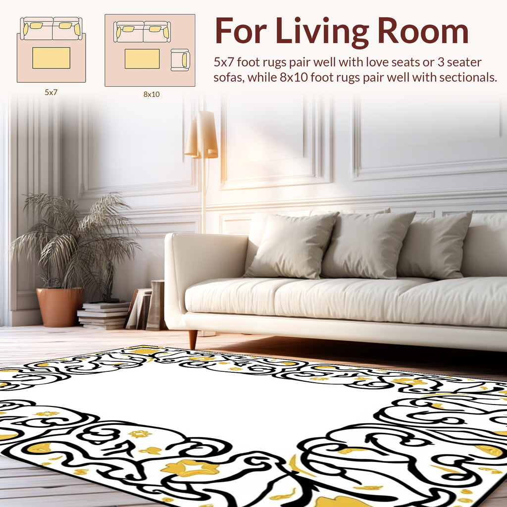 Elegant Black Gold Floral Scroll Rug