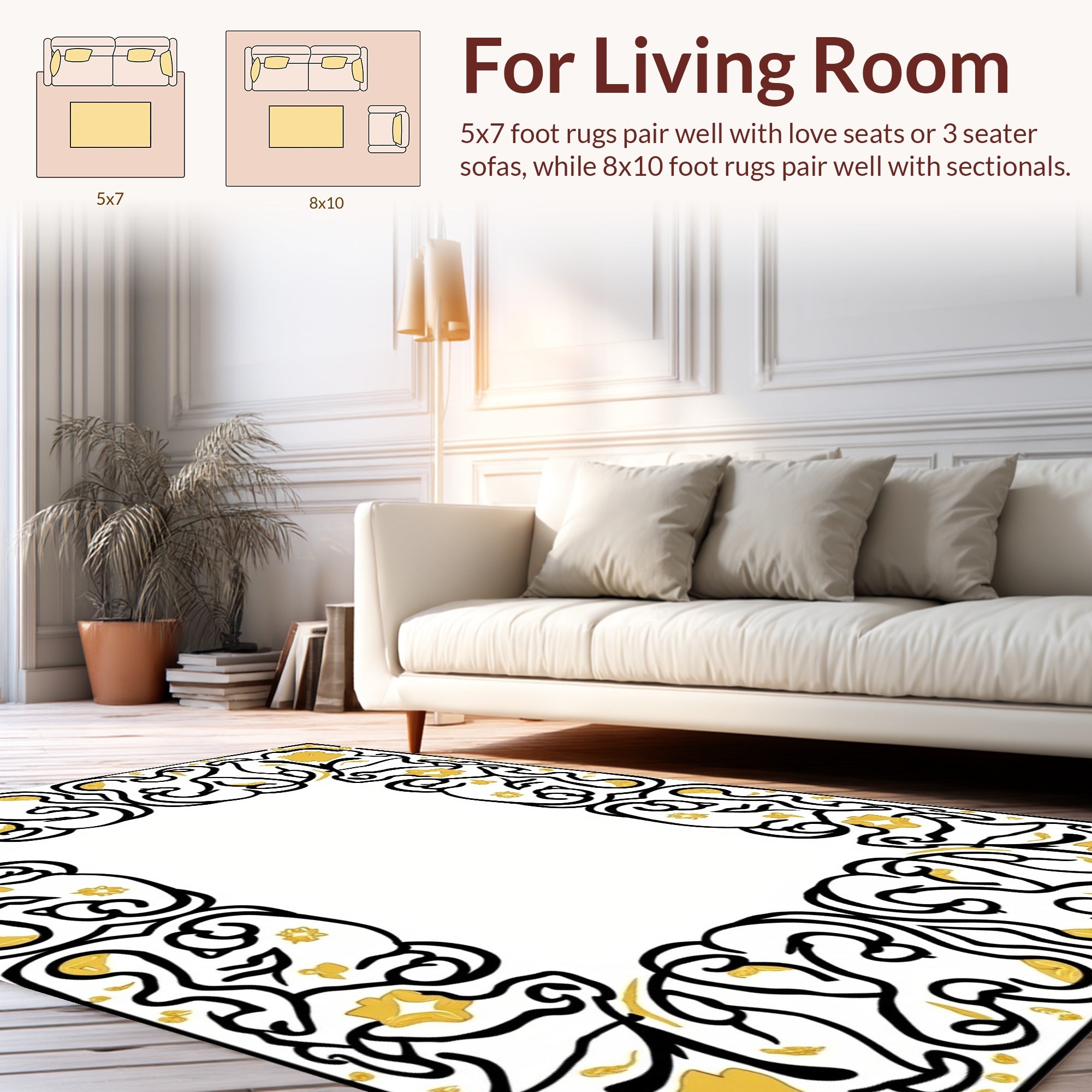 Elegant Black Gold Floral Scroll Rug