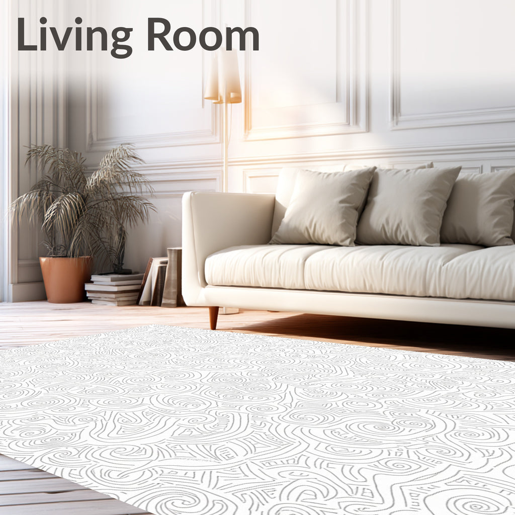 Abstract Swirls White Line Art Rug