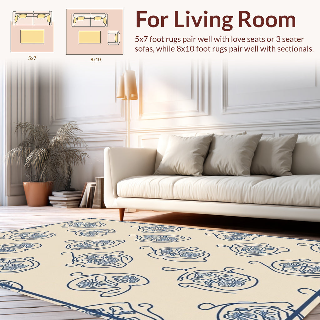 Delicate Blue Floral Outline Pattern Rug