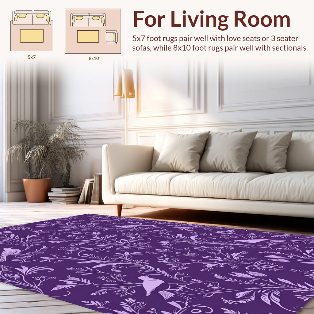 Regal Purple Bird and Floral Pattern Rug