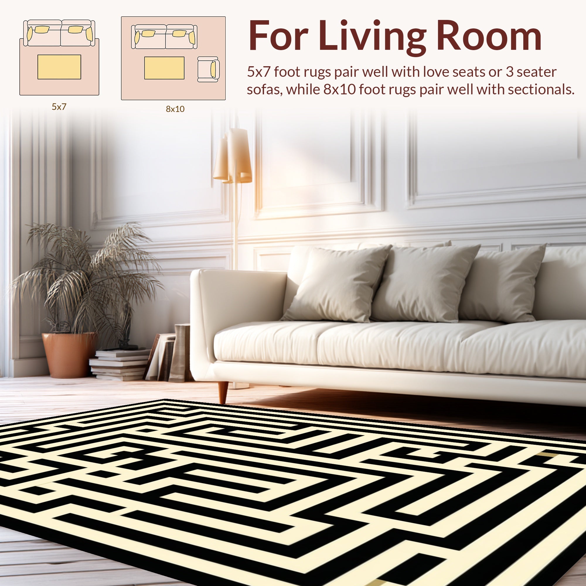 Abstract Black Cream Maze Pattern Rug