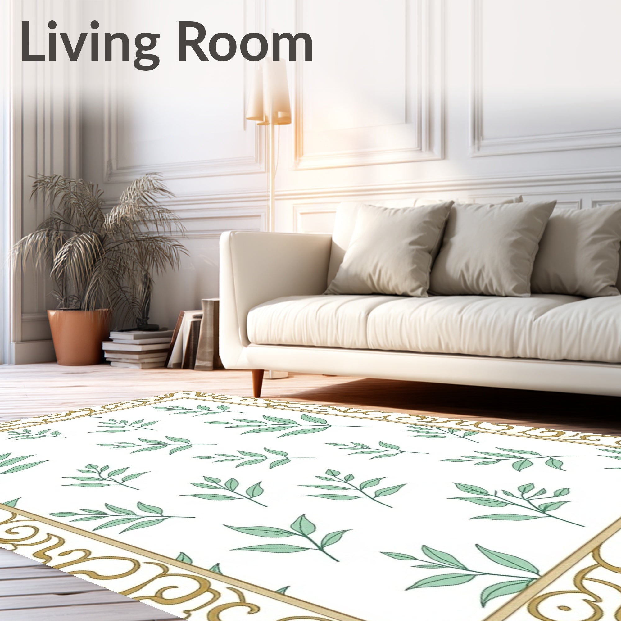 Elegant Green Leaf Border Rug
