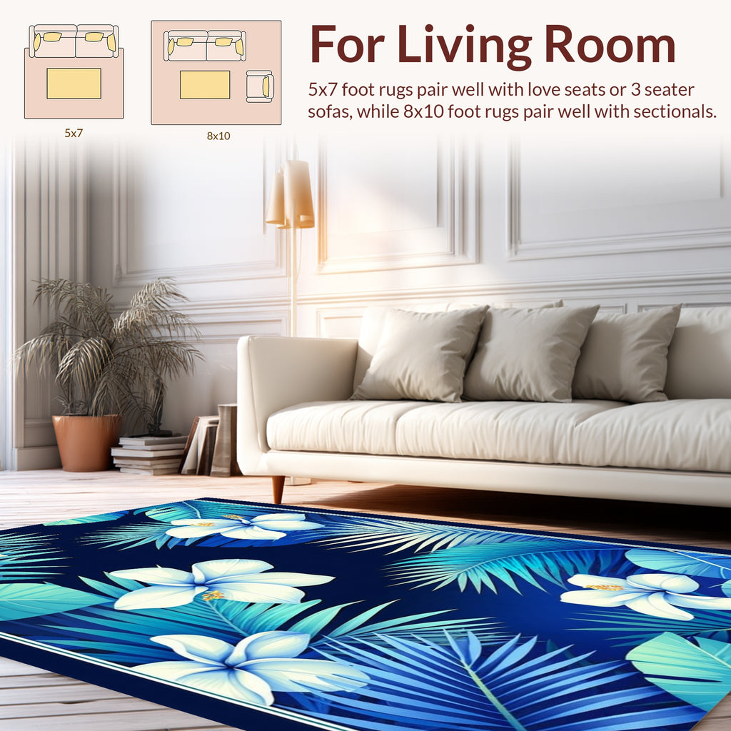 Tropical White Hibiscus Leaf Pattern Rug