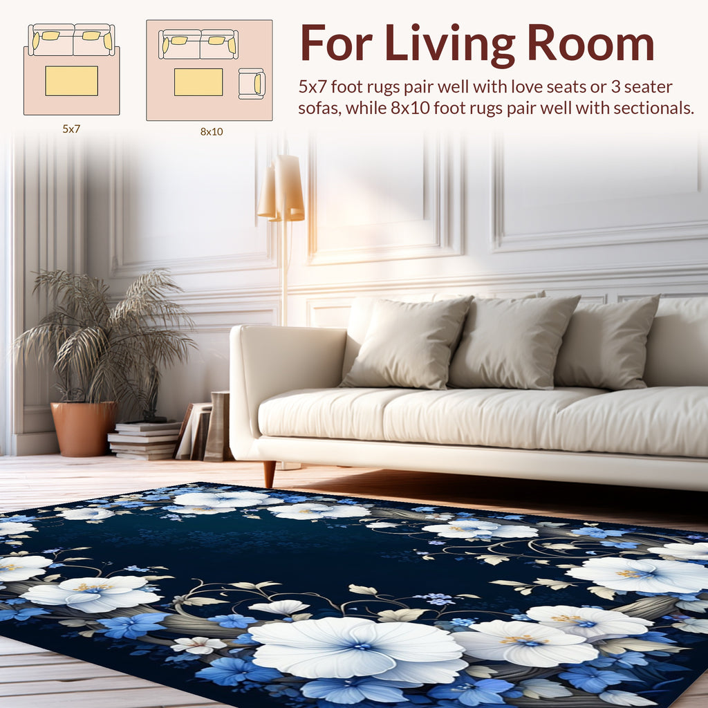 Elegant White Blue Floral Branch Pattern Rug