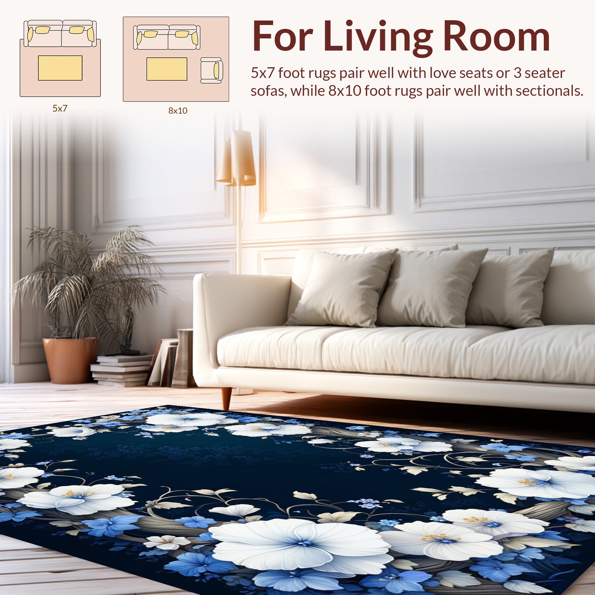 Elegant White Blue Floral Branch Pattern Rug