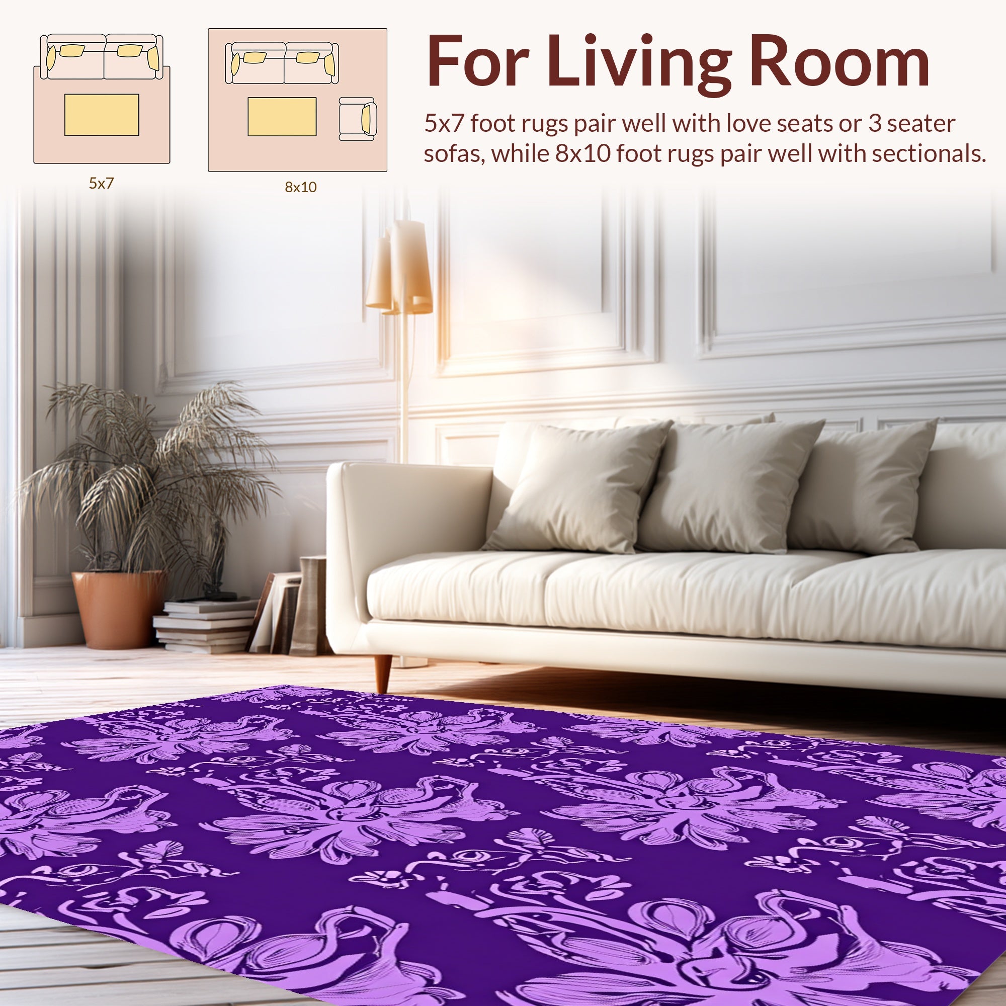 Opulent Violet Floral Scroll Pattern Rug