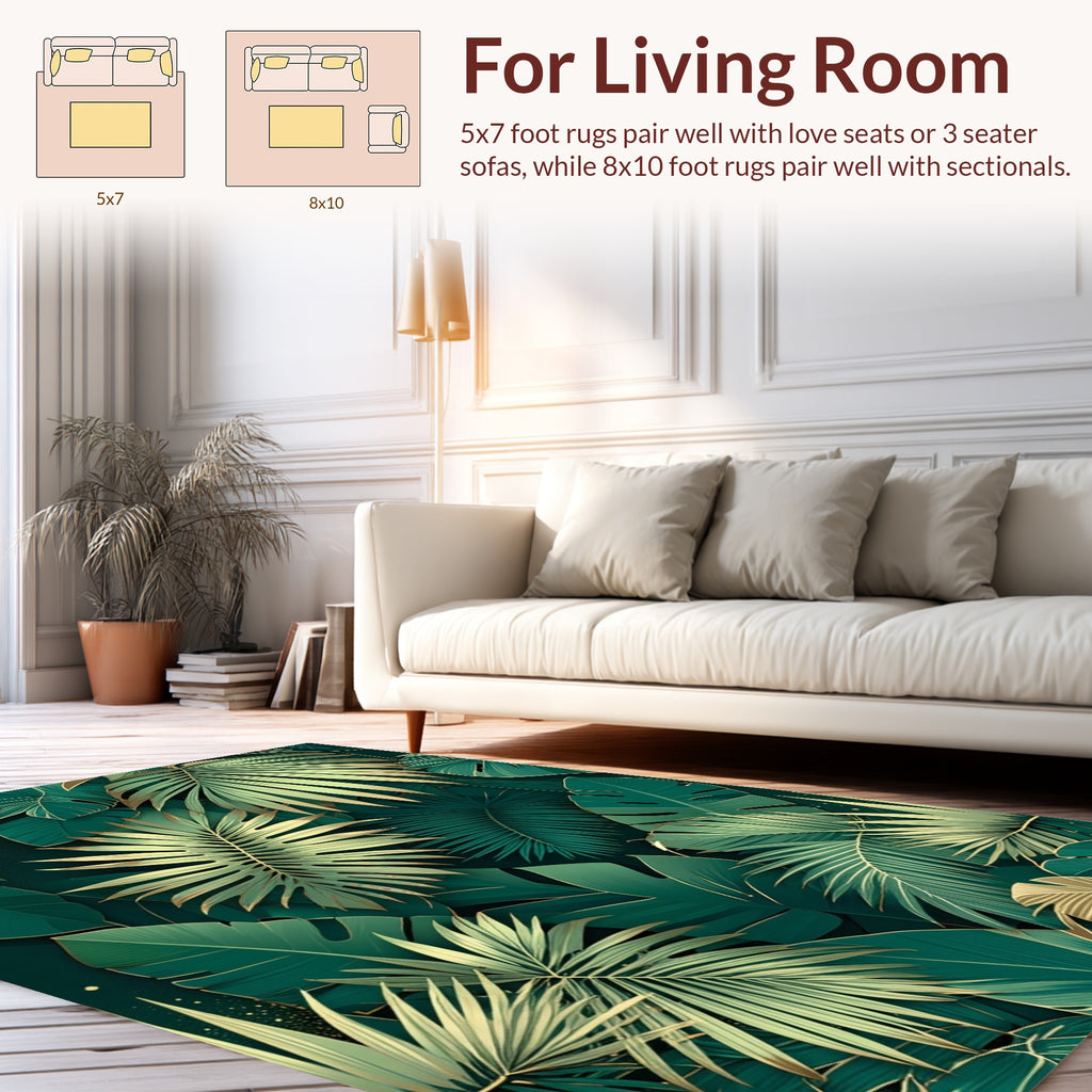 Deep Green Tropical Leaf Pattern Rug