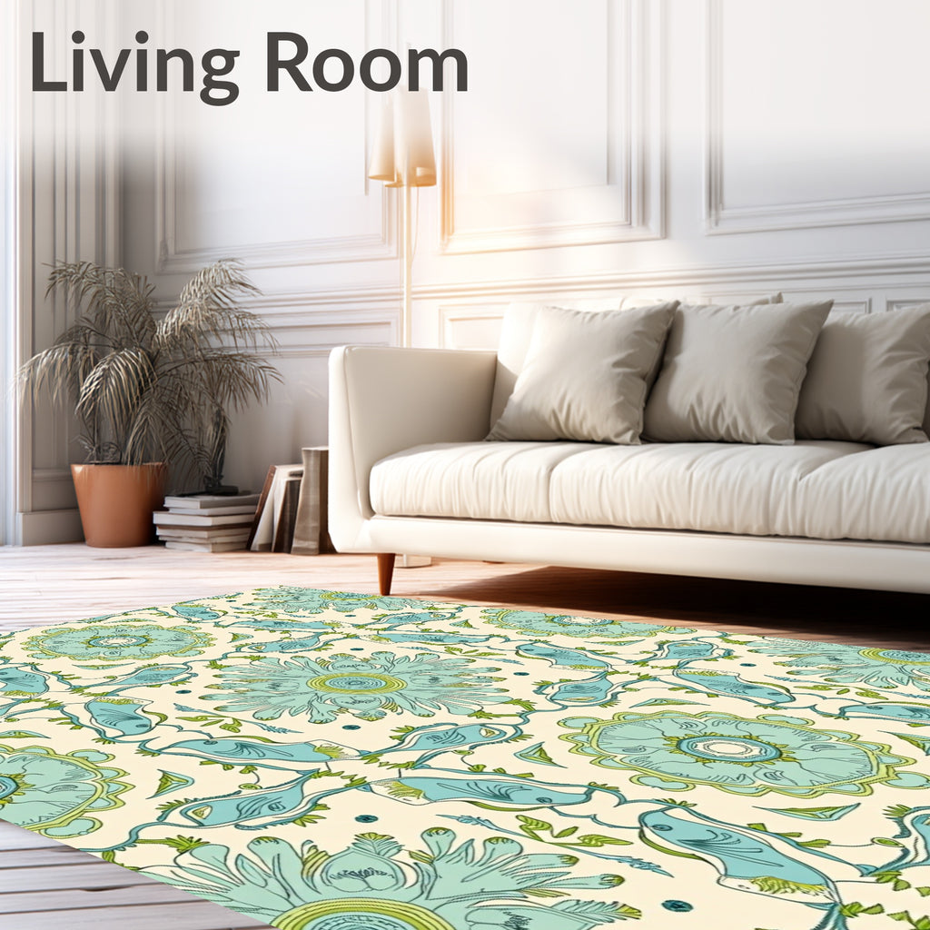 Seafoam Blue Bird Floral Medallion Rug