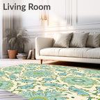 Seafoam Blue Bird Floral Medallion Rug
