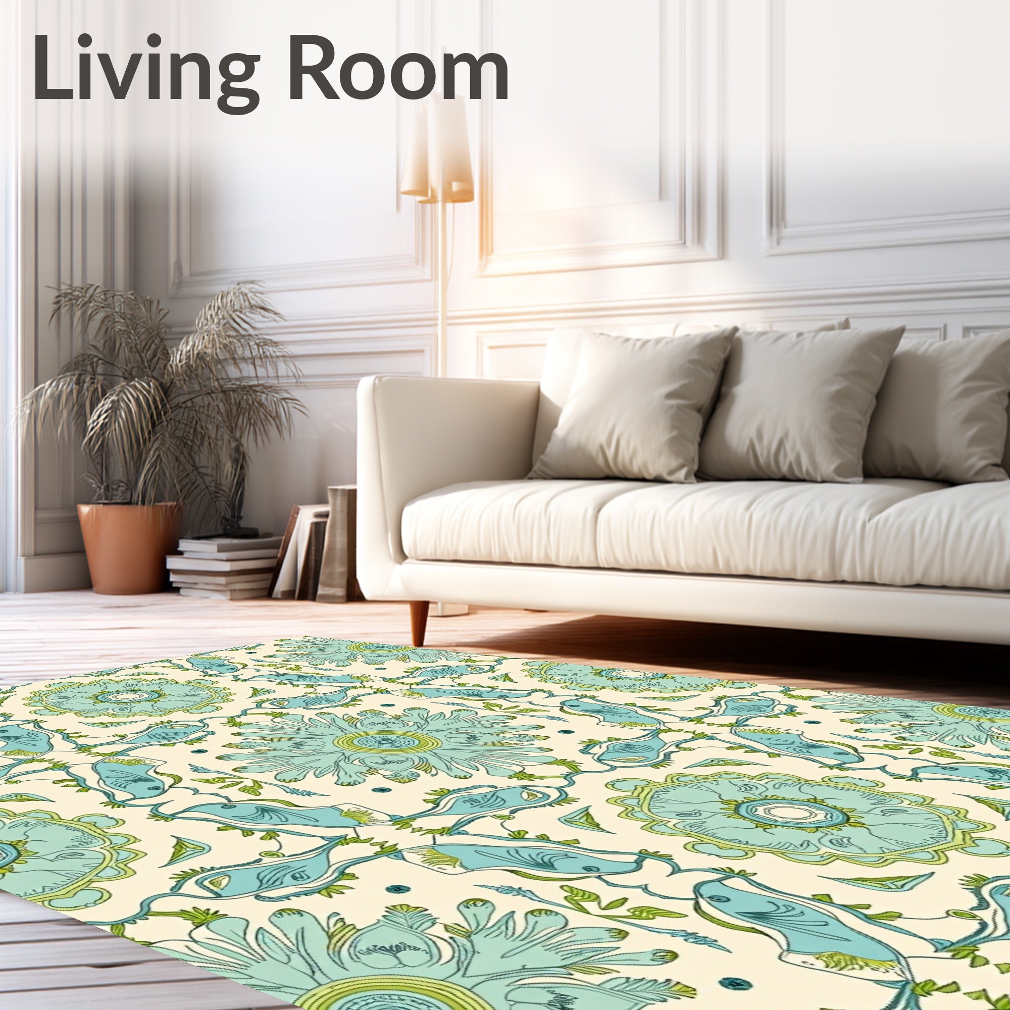 Seafoam Blue Bird Floral Medallion Rug