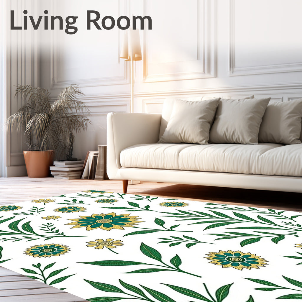 Teal Yellow Floral Foliage Pattern Rug