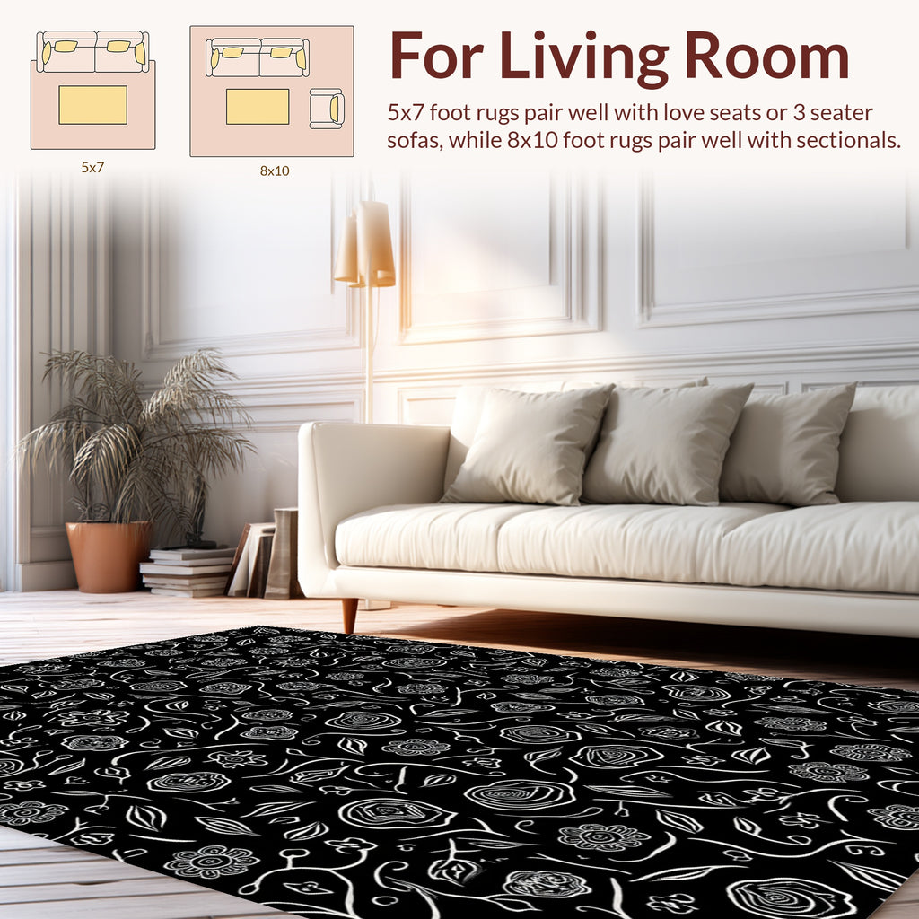Whimsical Black White Floral Pattern Rug