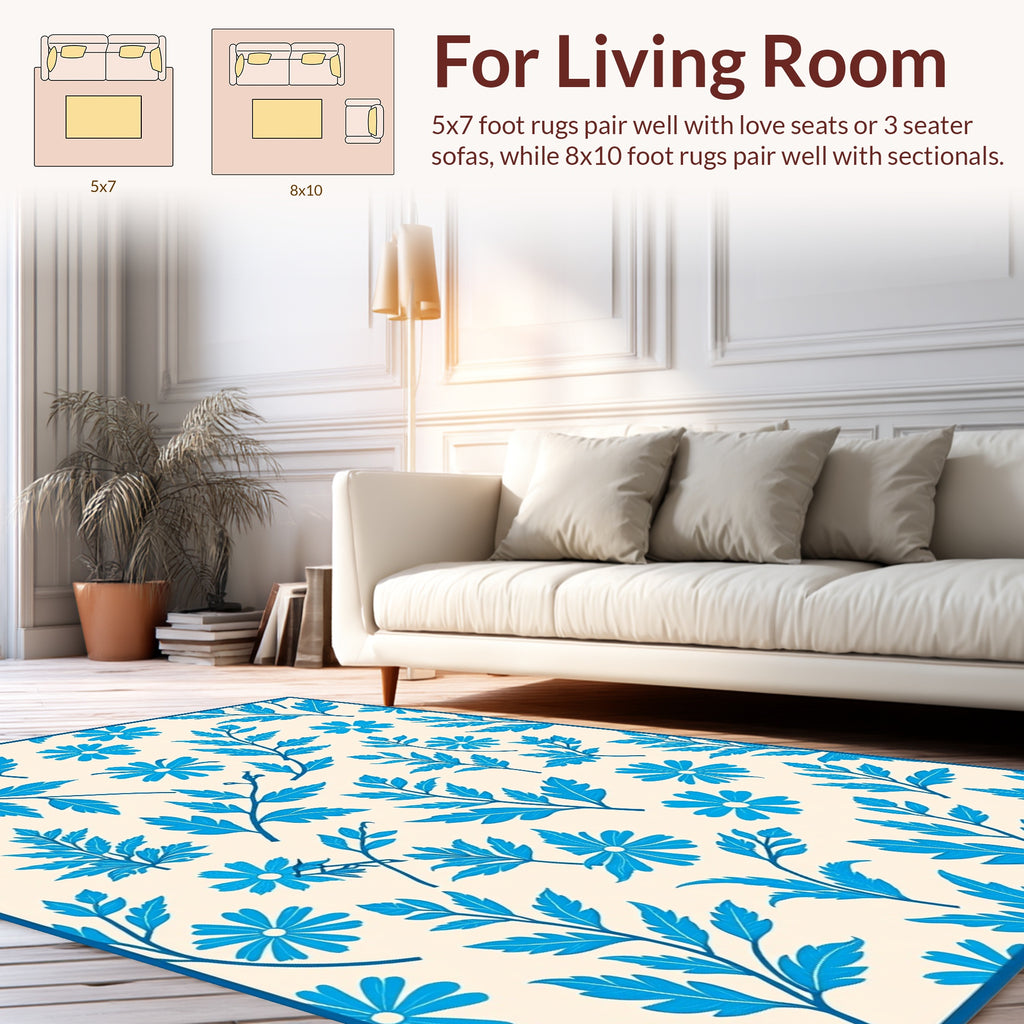 Blue Floral Branch Pattern Rug