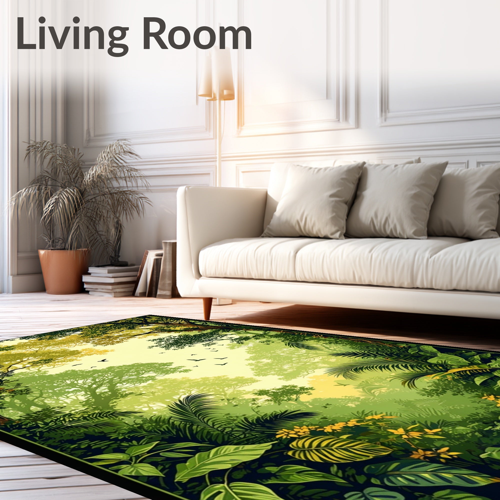 Lush Green Forest with Birds Pattern Rug