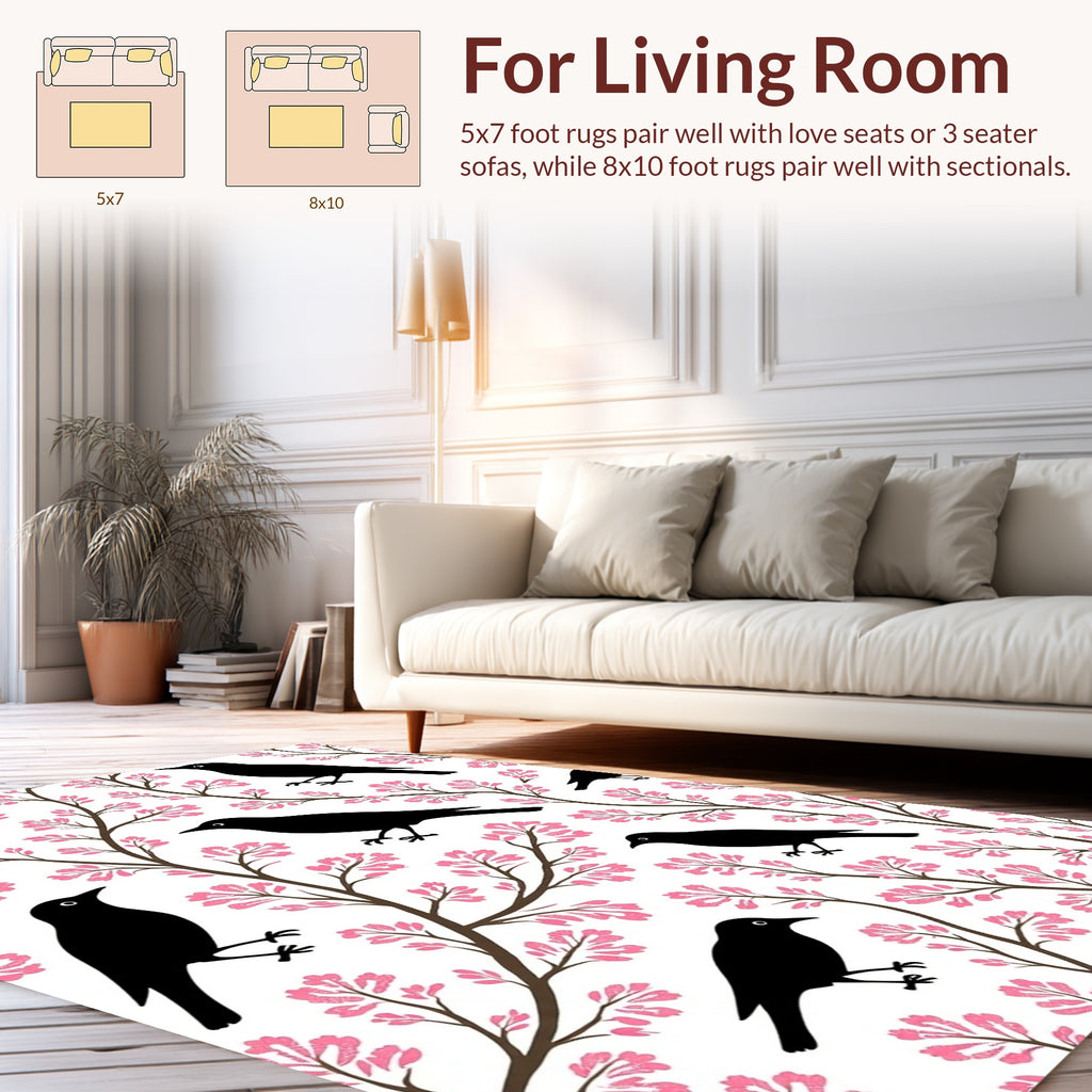 Black Birds Pink Blossom Pattern Rug
