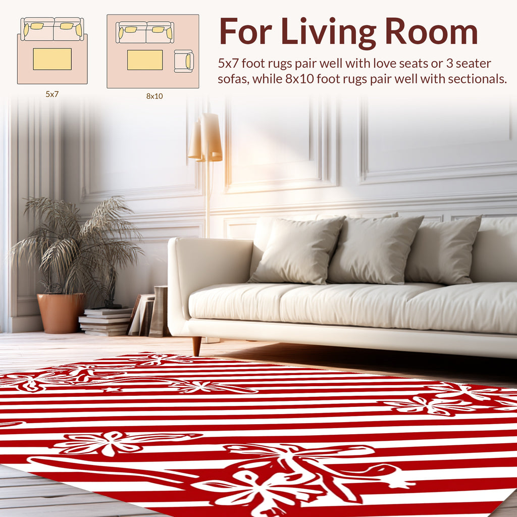 Red White Floral Striped Whimsical Design Rug