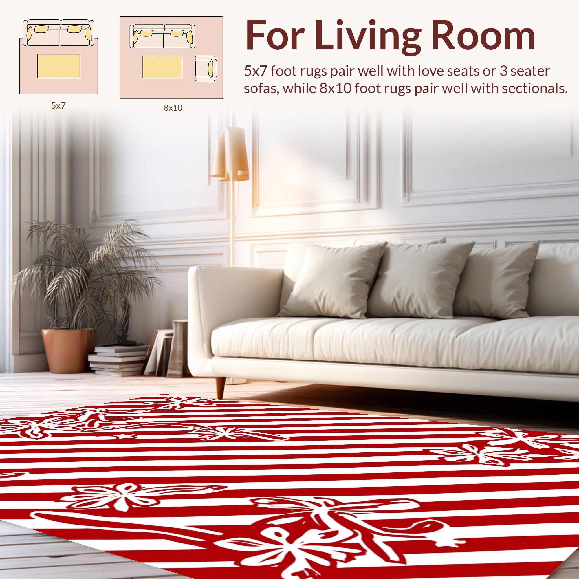 Red White Floral Striped Whimsical Design Rug