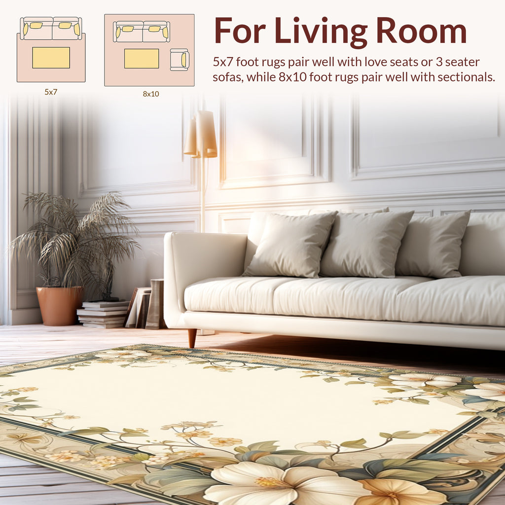 Cream Floral Vine Patterned Rug