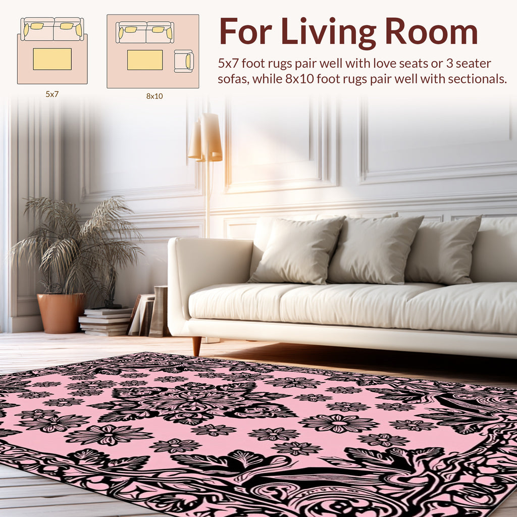 Black Floral Mandala Pattern Pink Rug