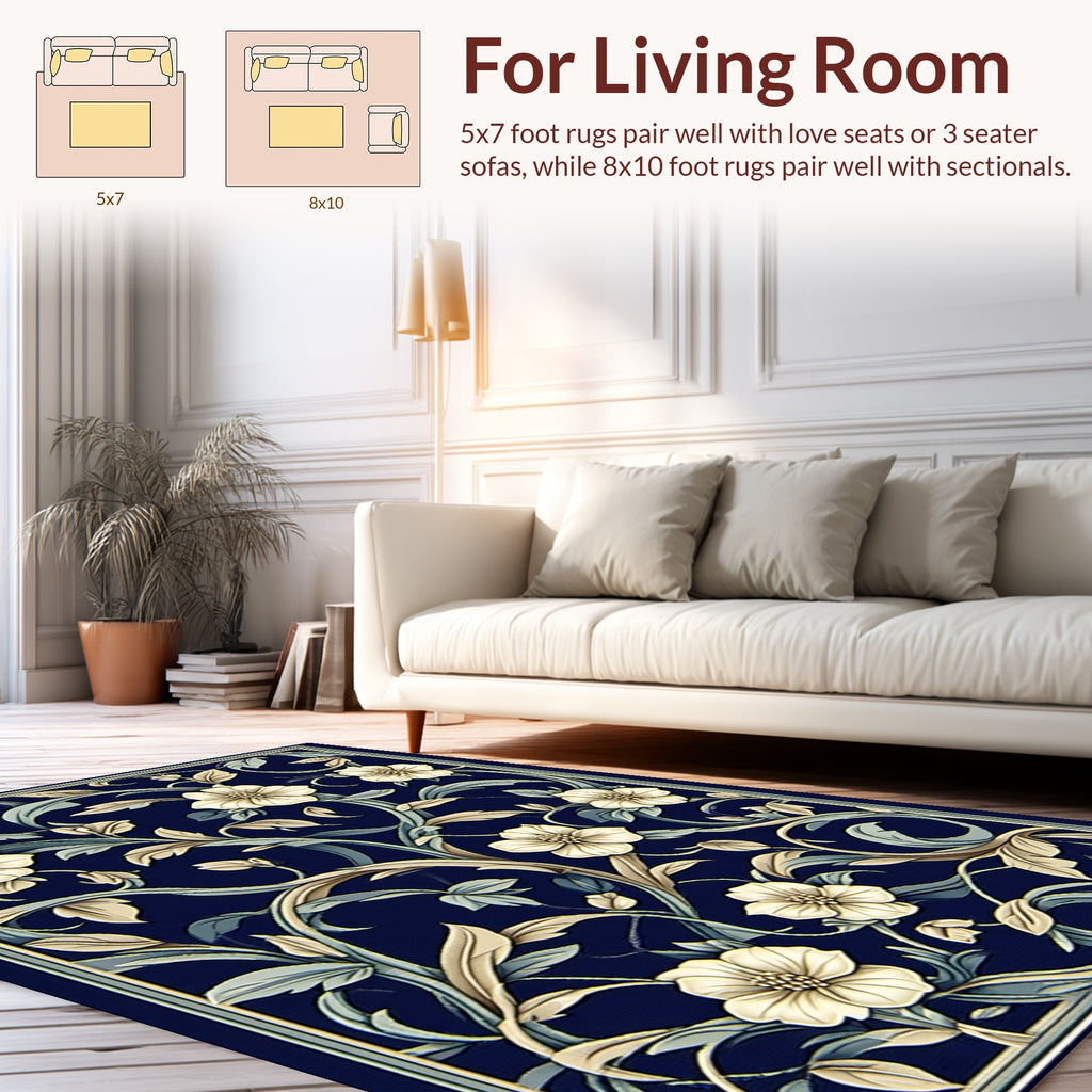 Floral Vine Detailed Navy Rug