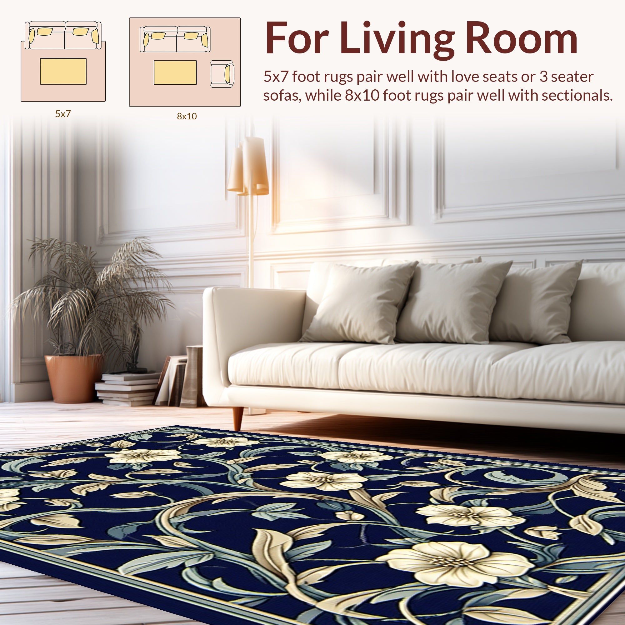 Floral Vine Detailed Navy Rug
