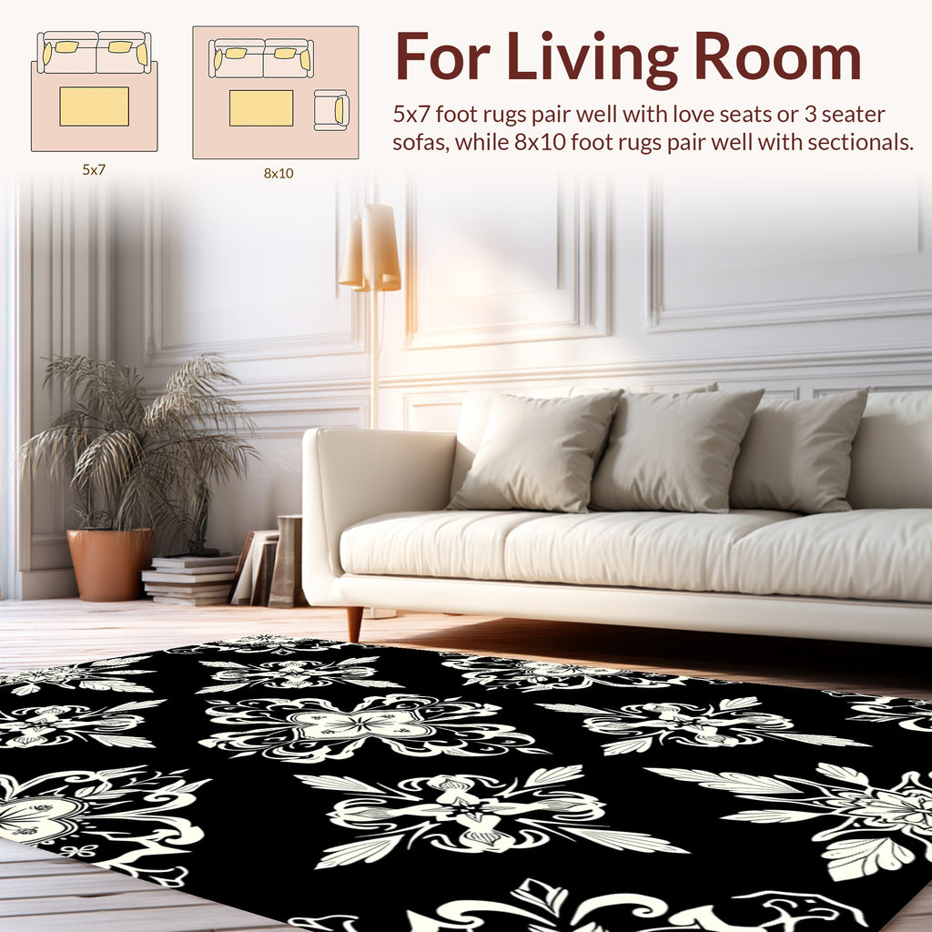 Black White Symmetric Floral Pattern Rug