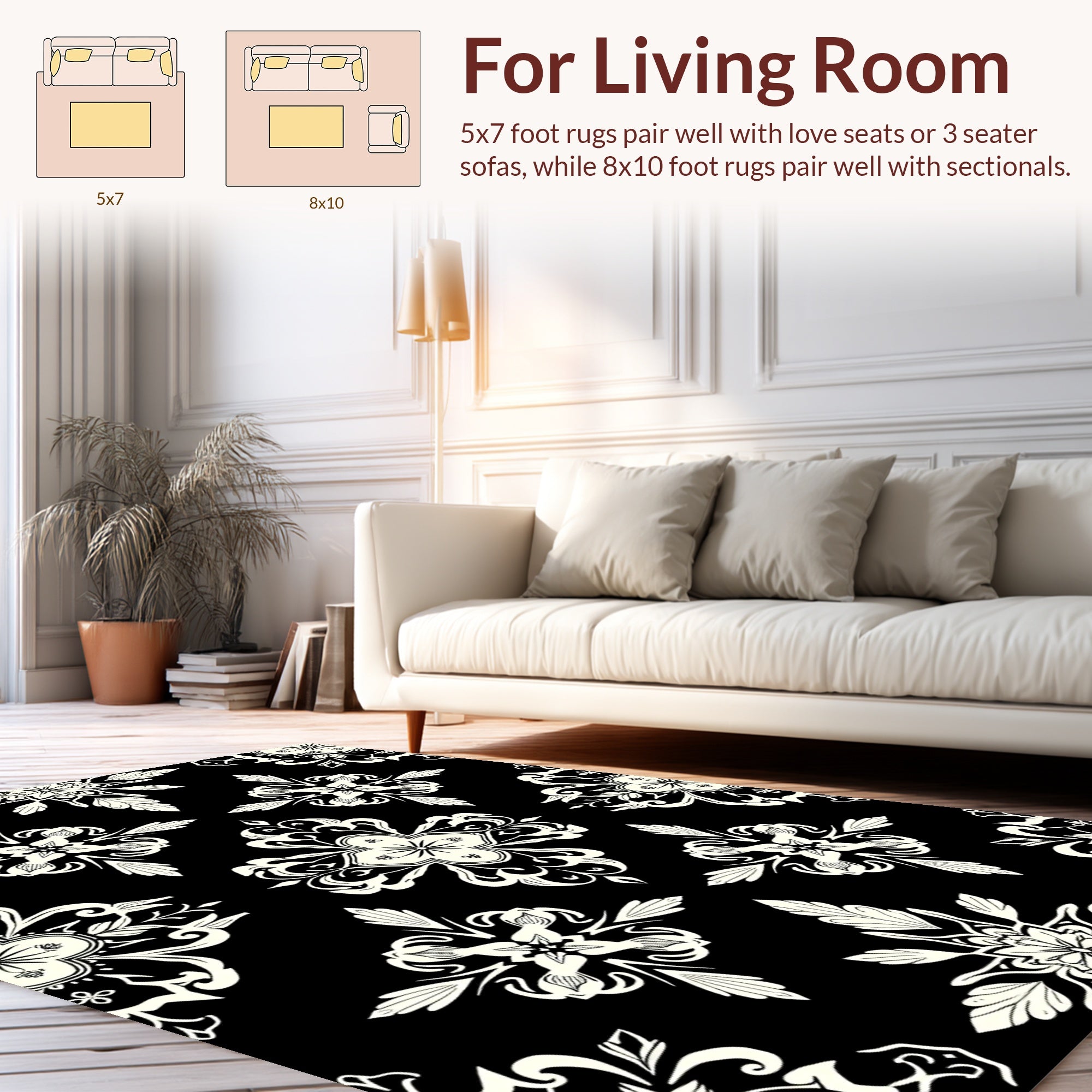 Black White Symmetric Floral Pattern Rug