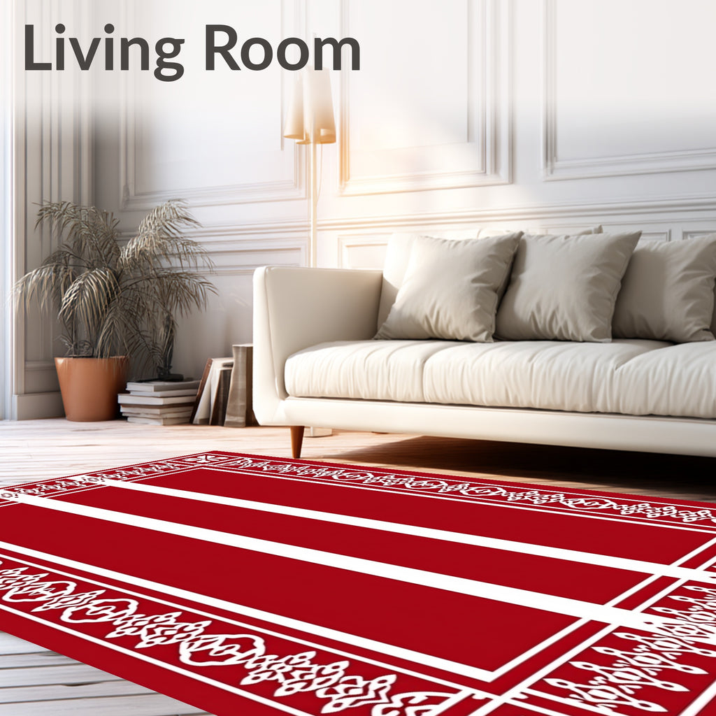 Rich Scarlet Geometric Border Stripe Rug