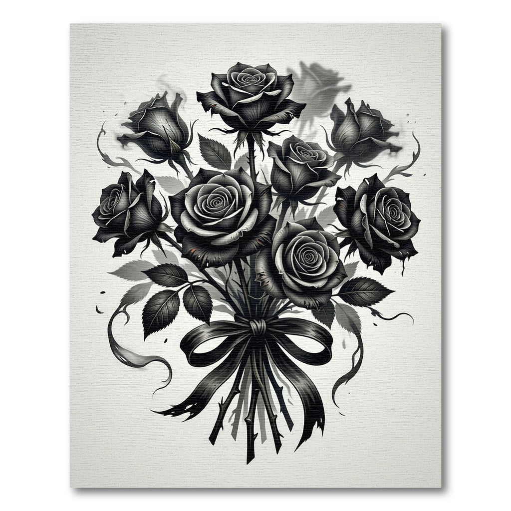 Monochromatic Black Rose Bouquet Ribbon Rug