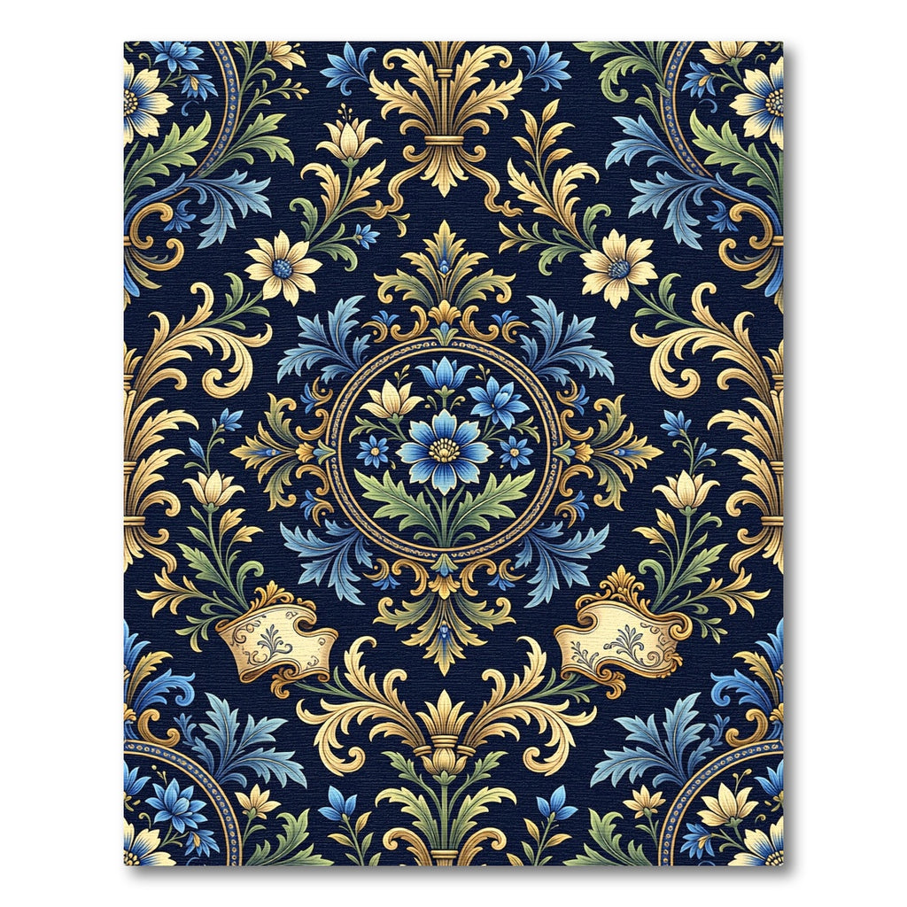 Ornate Blue and Gold Floral Damask Rug
