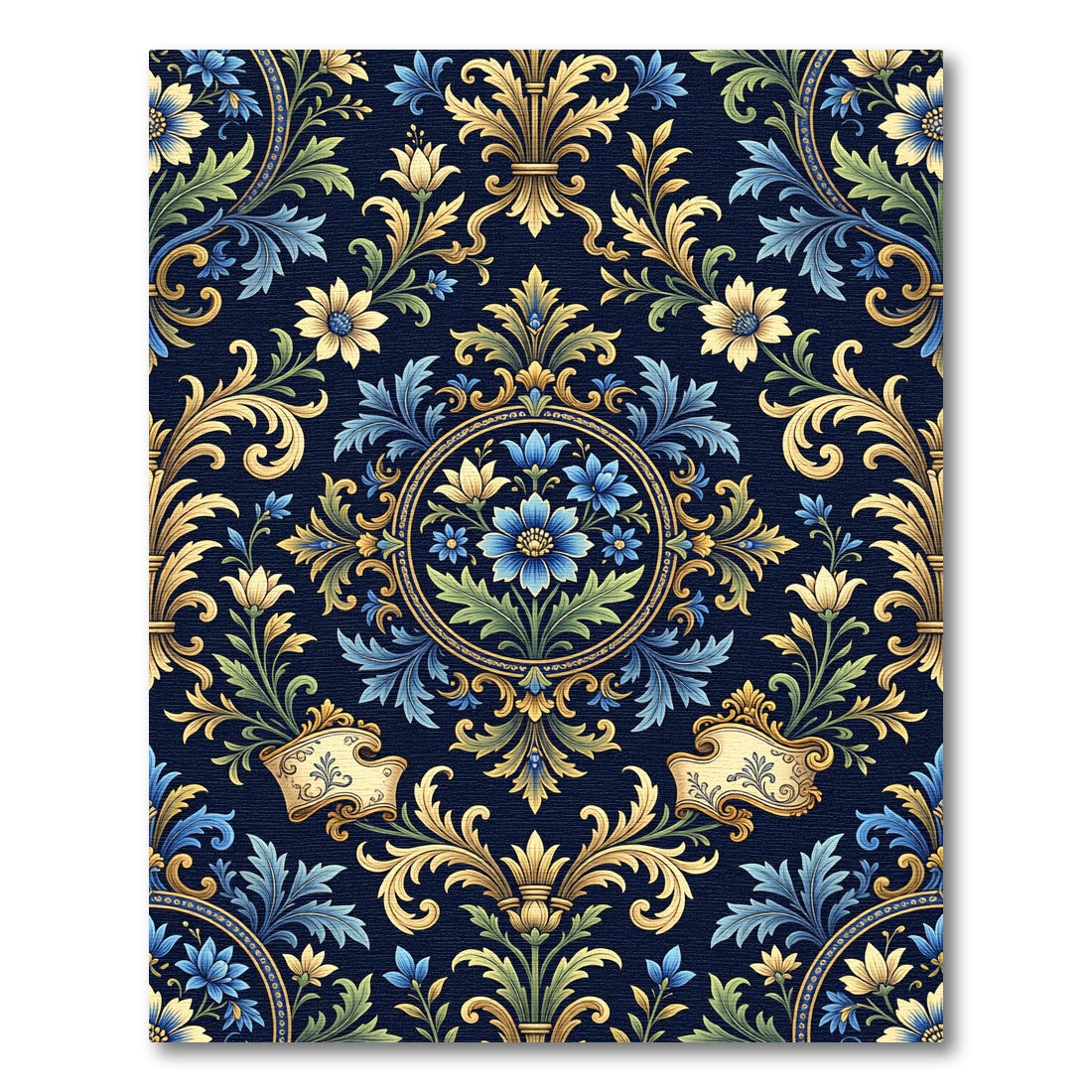 Ornate Blue and Gold Floral Damask Rug