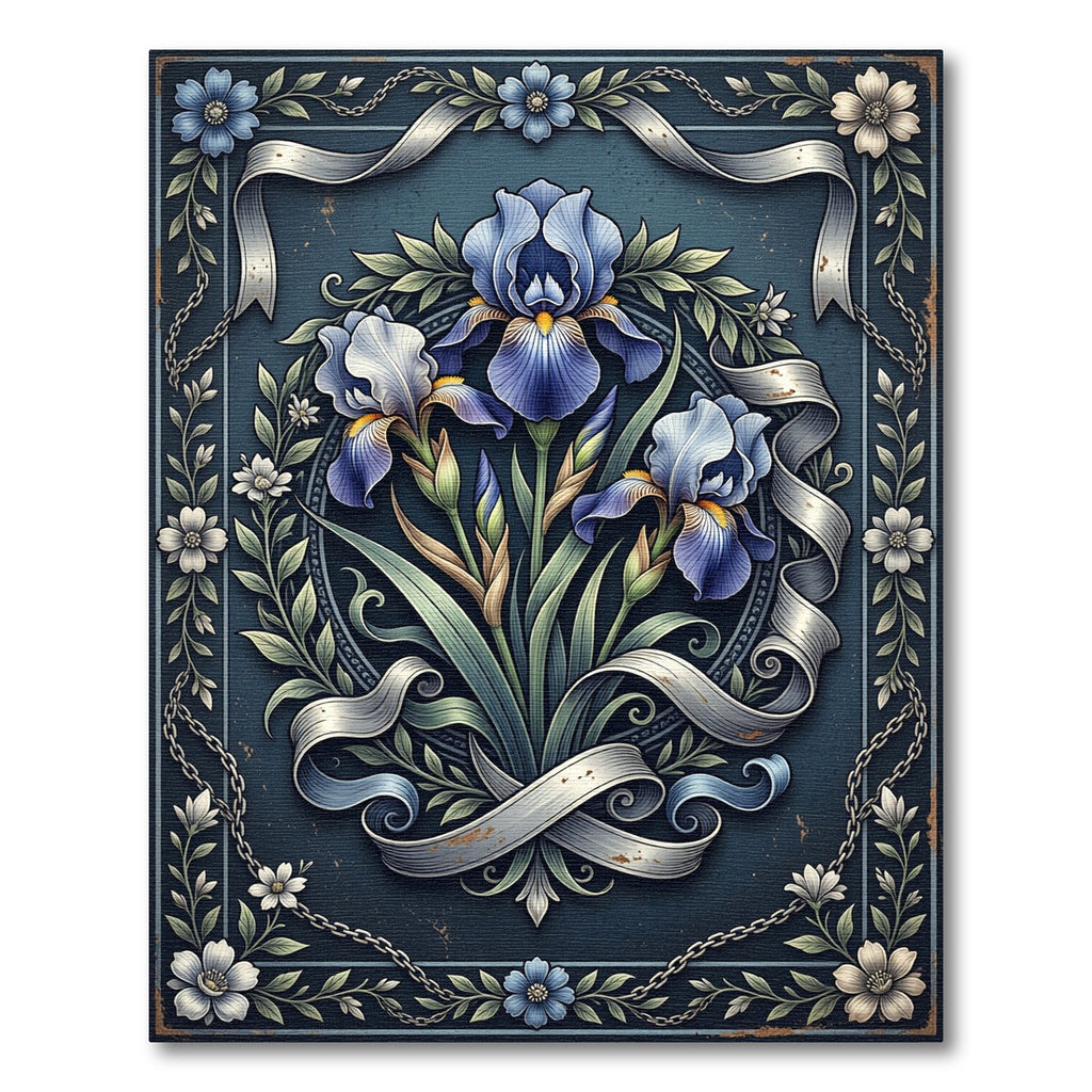 Vintage Blue Iris Ribbon Floral Illustration Rug
