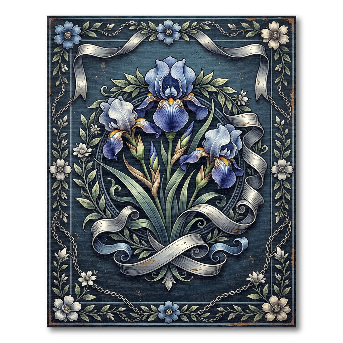 Vintage Blue Iris Ribbon Floral Illustration Rug
