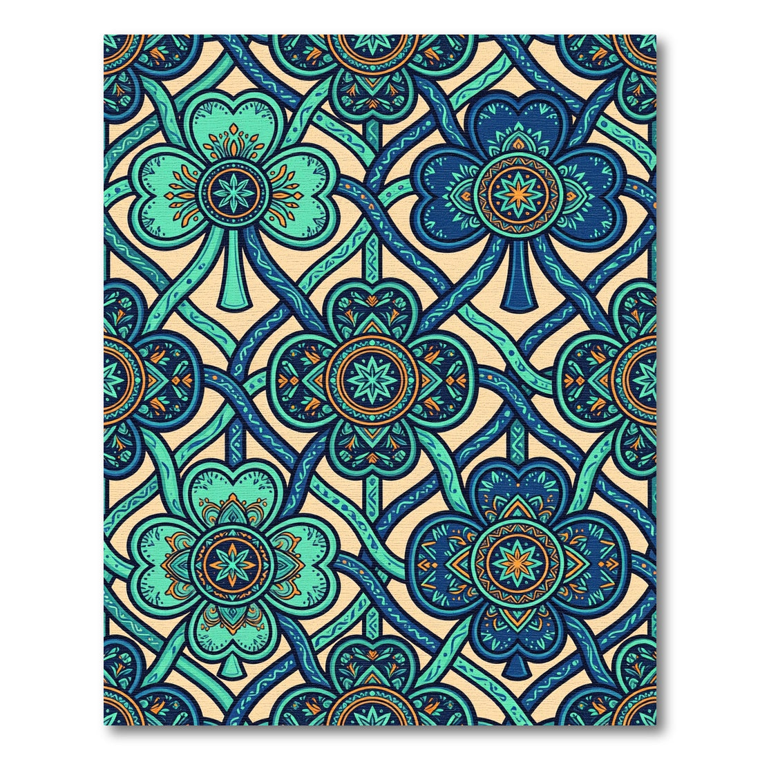 Blue Clover Mandala Intertwined Teal Lattice Rug