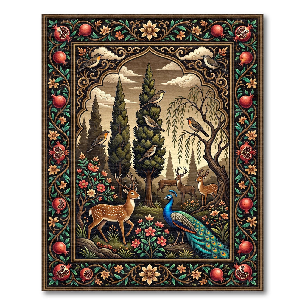 Enchanted Forest Deer and Peacock Tapestry Rug