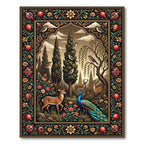 Enchanted Forest Deer and Peacock Tapestry Rug