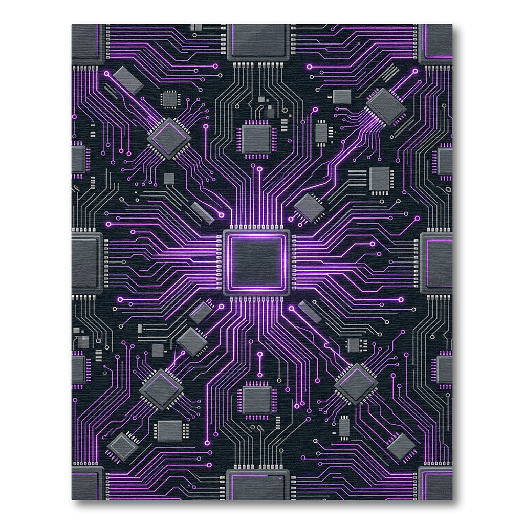 Cyber Circuit Neon Violet Tech Grid Rug