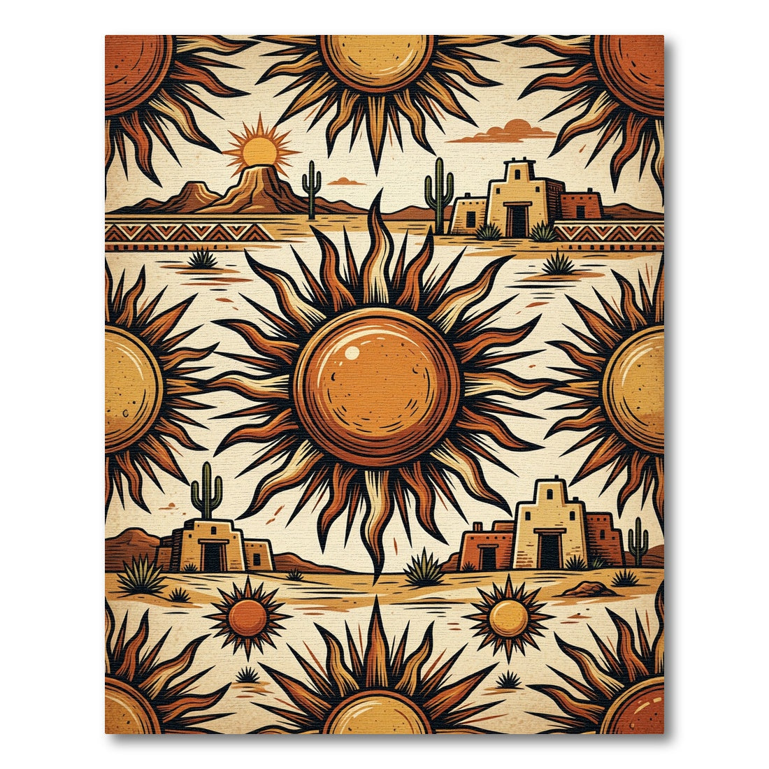 Golden Sun Desert Landscape Pueblo Illustration Rug