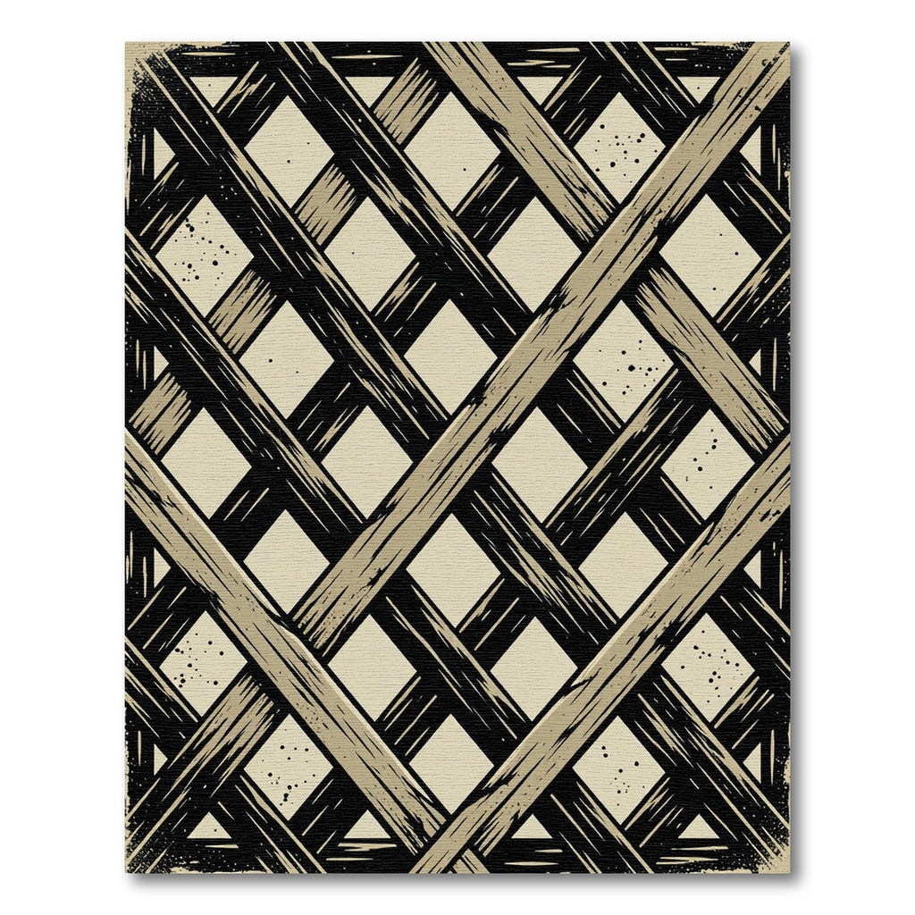 Distressed Beige and Black Grid Rug