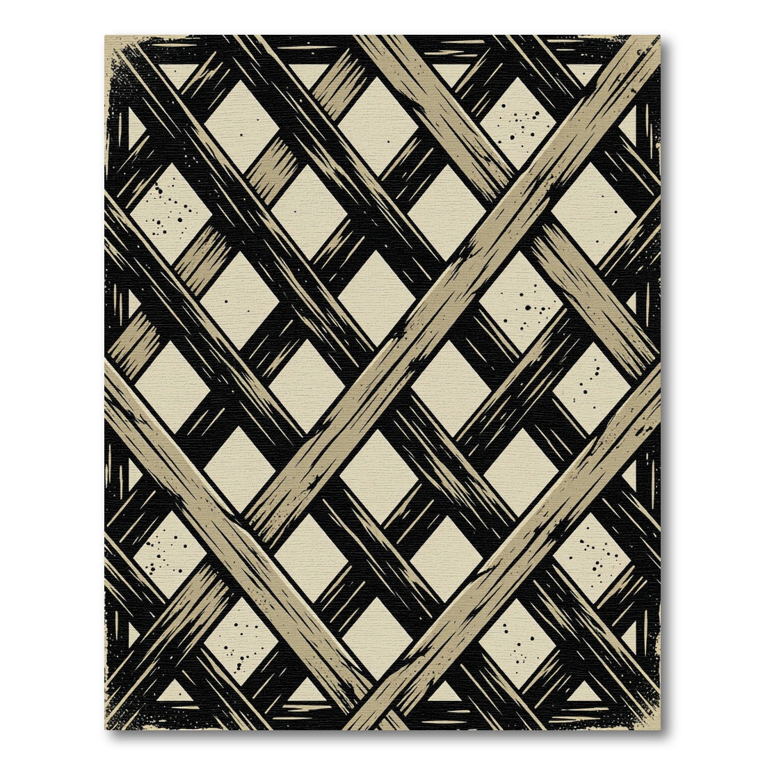 Distressed Beige and Black Grid Rug