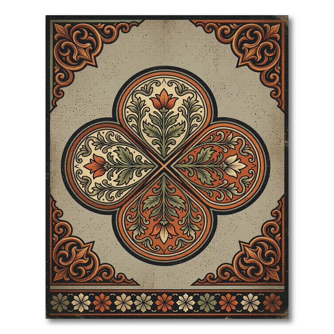 Antique Orange Green Floral Quatrefoil Rug