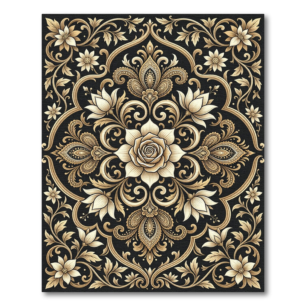 Gold Floral Medallion Black Ornate Rug