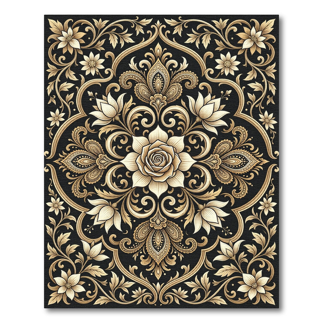 Gold Floral Medallion Black Ornate Rug