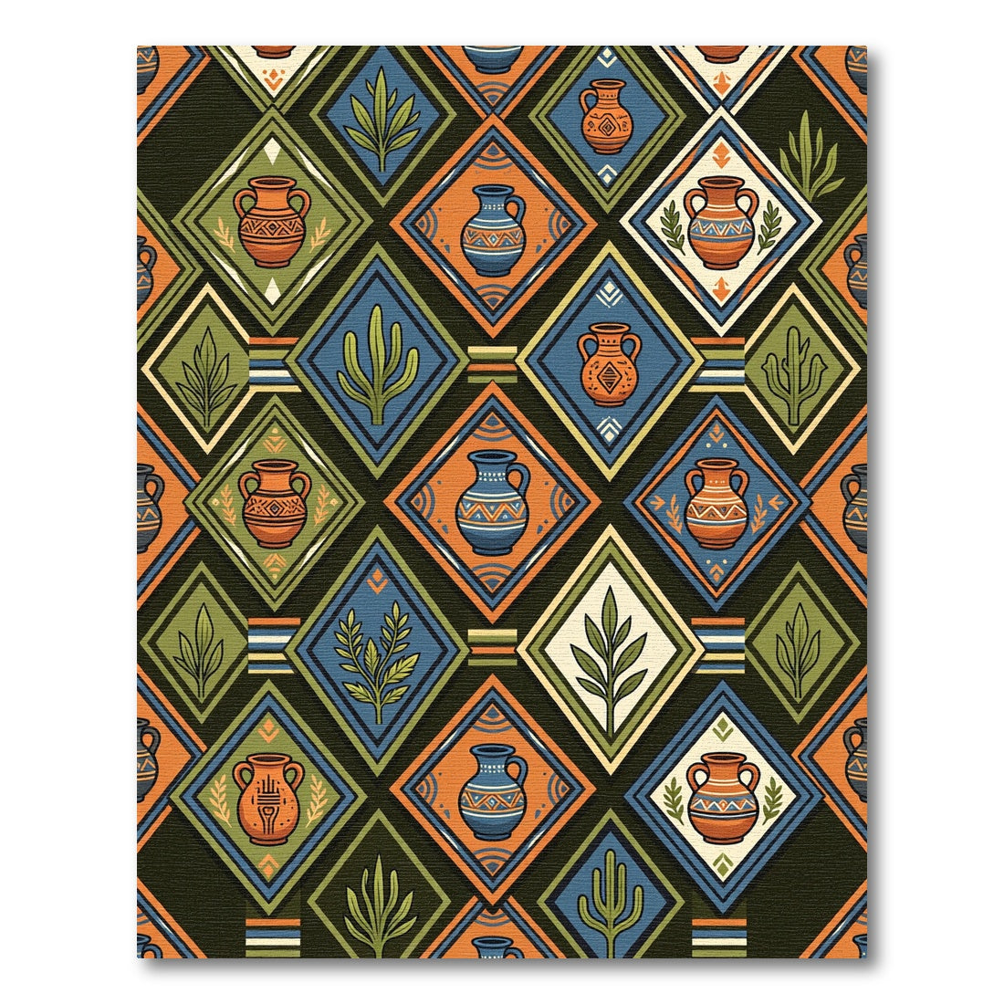 Earthy Terracotta Pottery Geometric Diamond Tile Rug