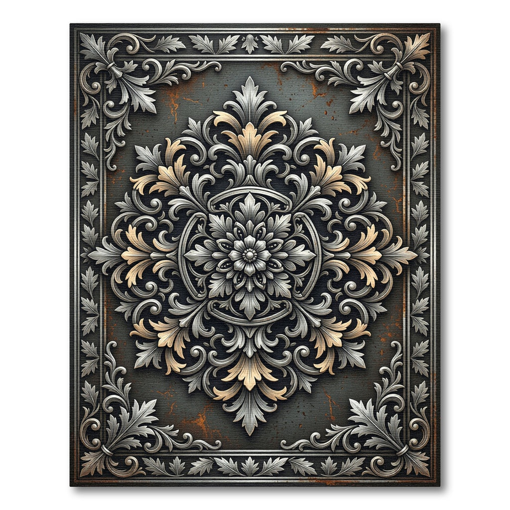 Ornate Silver and Gold Foliage Medallion Rug