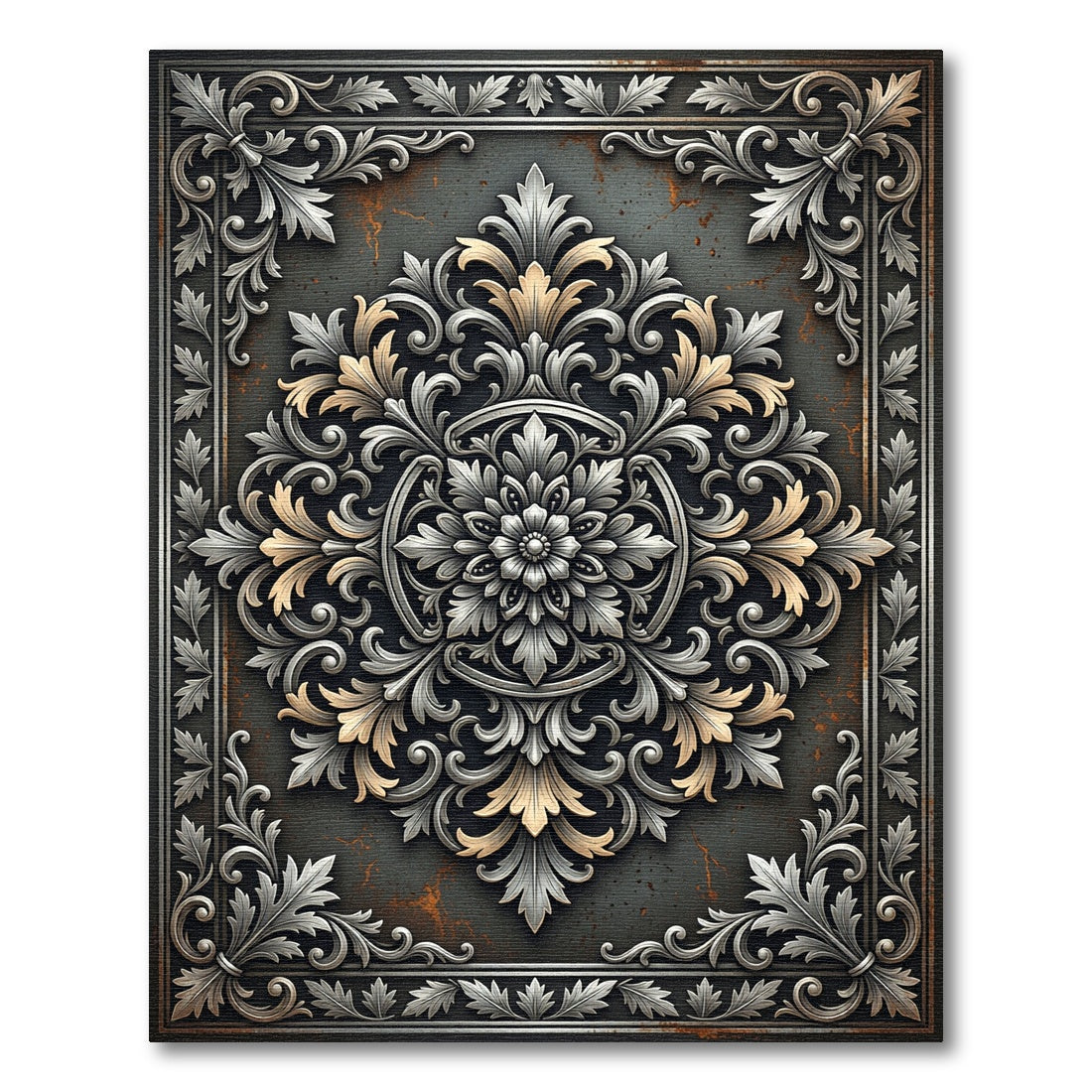 Ornate Silver and Gold Foliage Medallion Rug