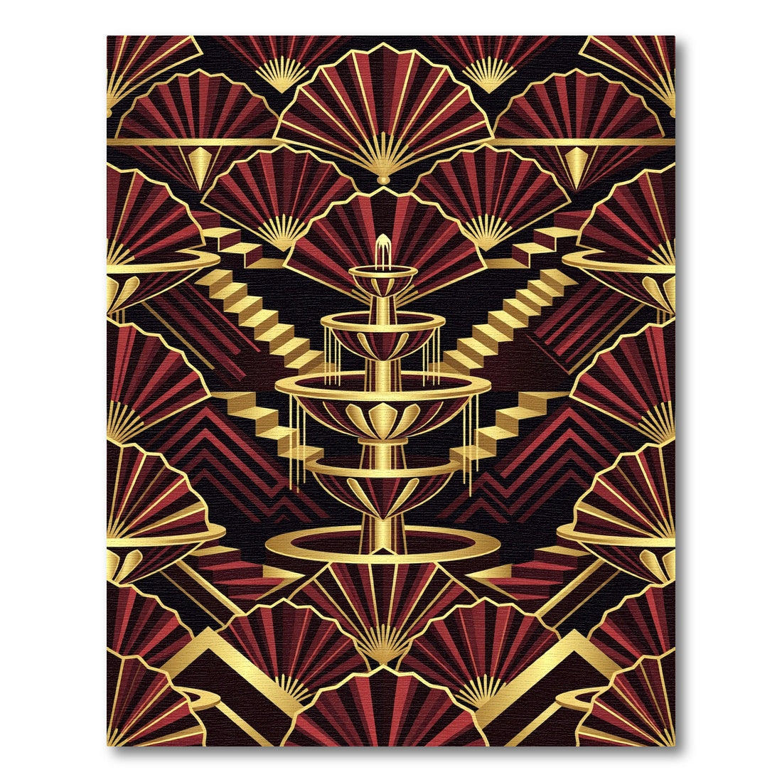 Crimson Gold Fan Fountain Steps Rug